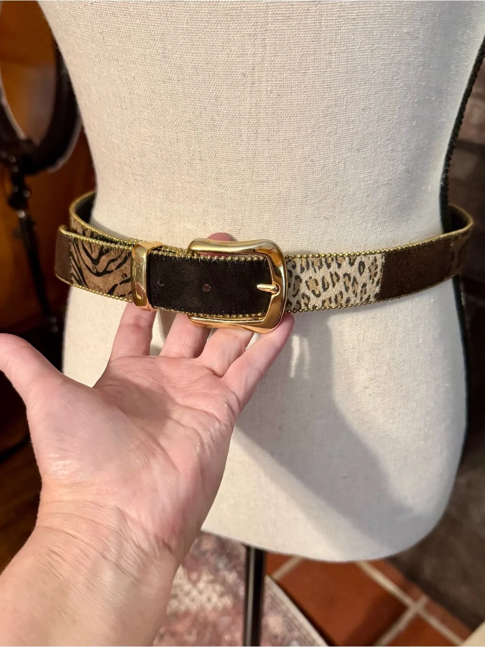 Vintage 1990’s Animal-Print,tiger,leopard, suede,beaded edges,Gold